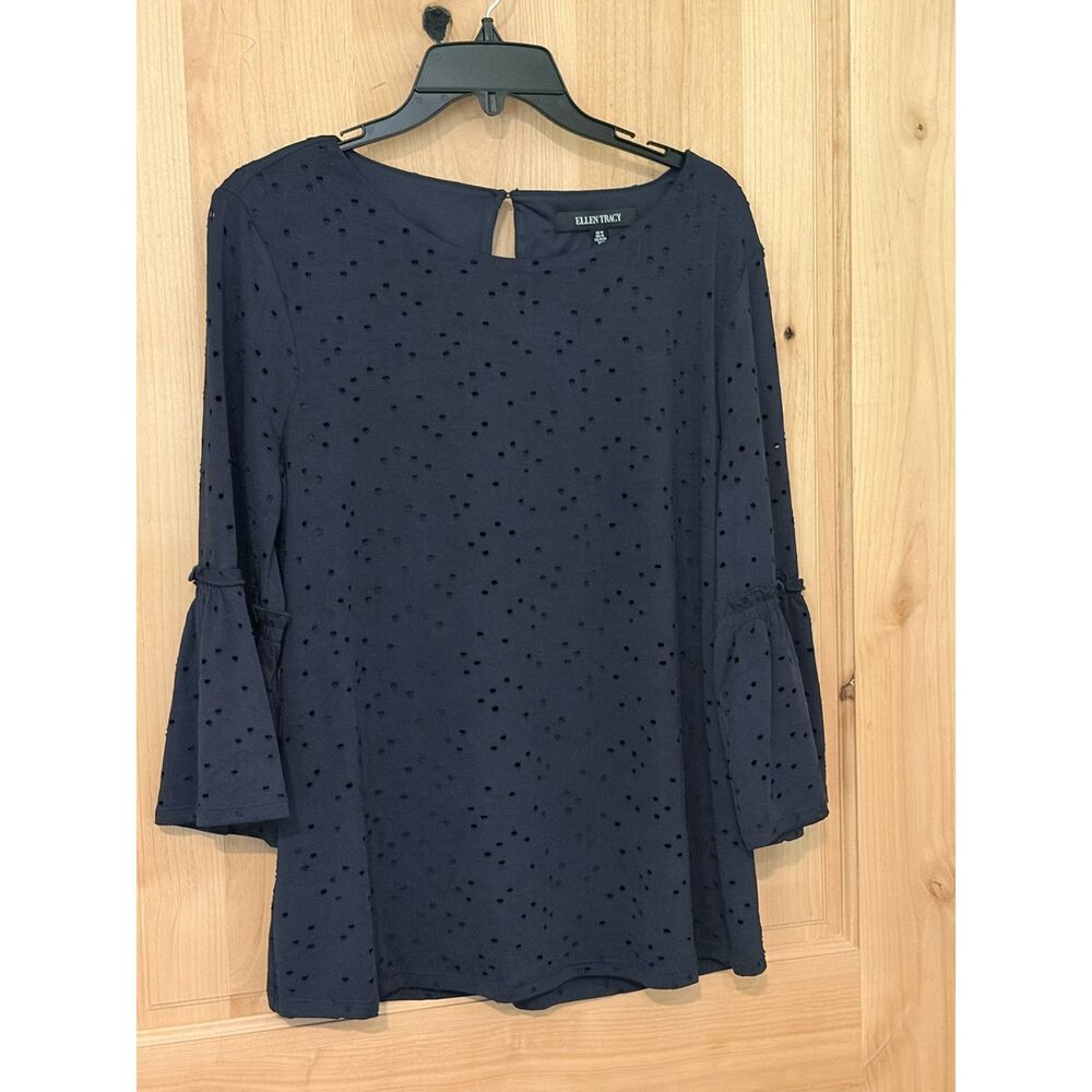 Ellen Tracy Women's Navy Blue EyeletBell Sleeve Blouse Top, Medium EUC - Picture 3 of 6